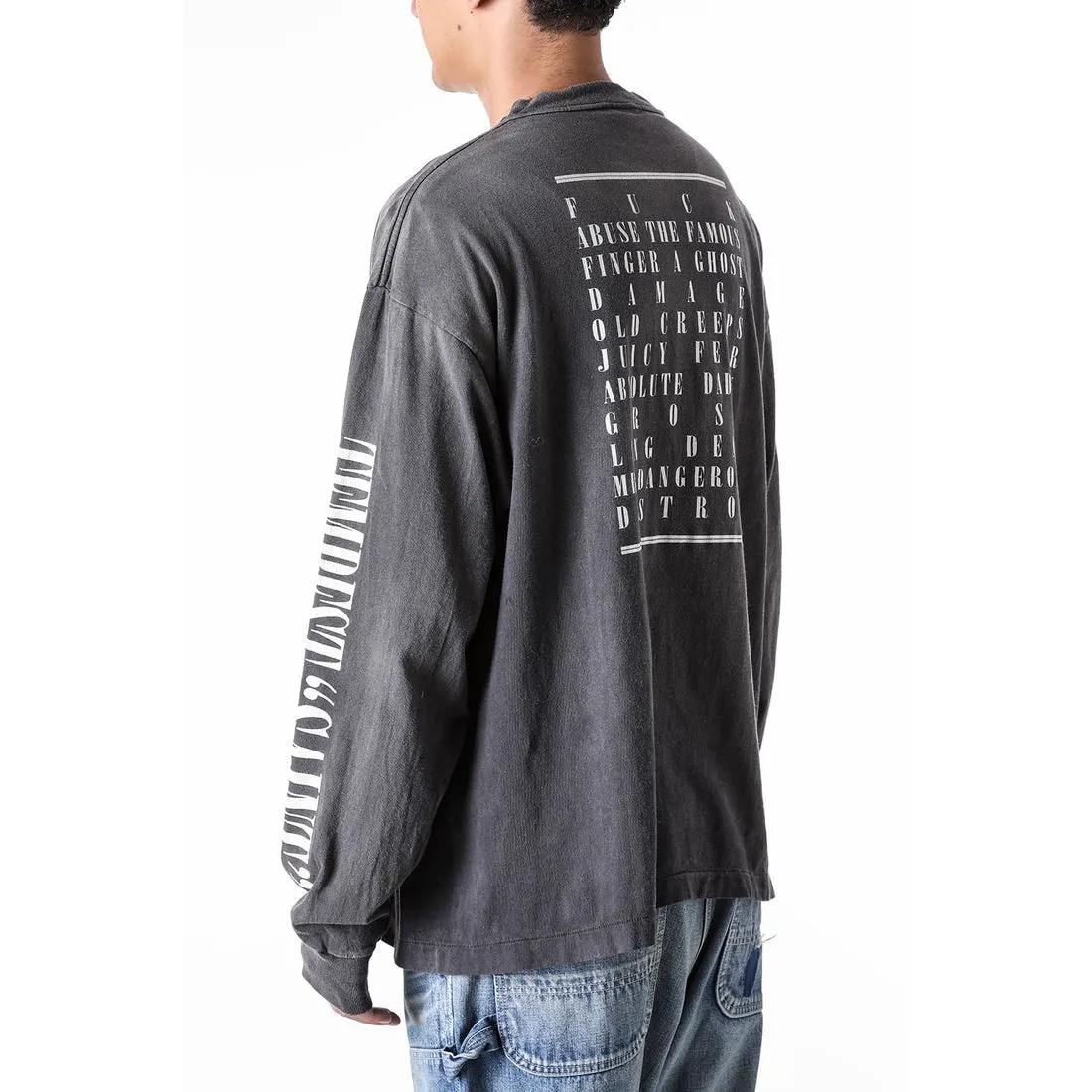 SAINT Mxxxxxx LS TEE/TEMPEST/BLK 'TEMPEST SAINT' Storm Religious Saints Cracked Retro Vulcanized Heavy Wash Long Sleeves Washed Black S-XL Assute Dyeing Multi-bit Horse Fading Craftsmanship Grinding and Hanging Holes Full of Old Feeling Top Printing Craftsmanship Purchasing Level